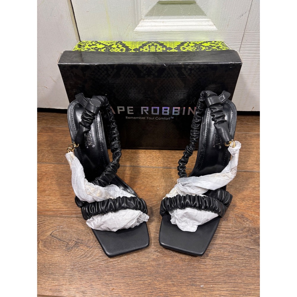 Cape Robbin Imogen Black Square Toe Ruched‎ Strappy Gold Heel Sandals Size 9